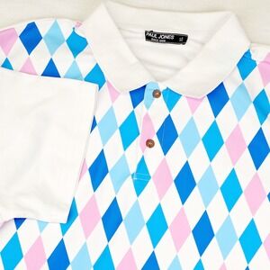 Paul Jones Polo Shirt Mens XL White Blue Pink Argyle Diamond Short Sleeve Golf